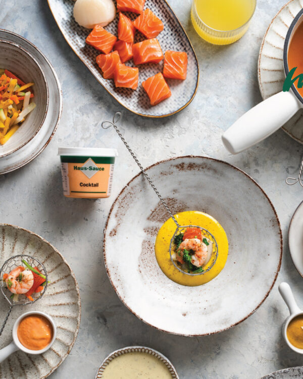 mediterranes Fisch-Fondue mit Haus-Saucen